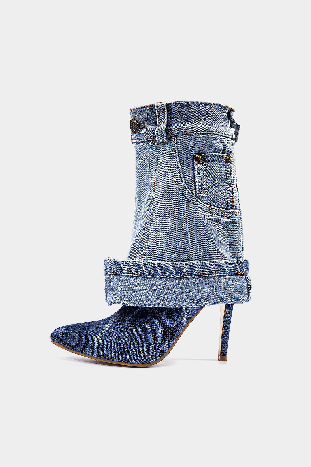 Bong Bag Light Wash Blue Denim Mid-Calf Boots