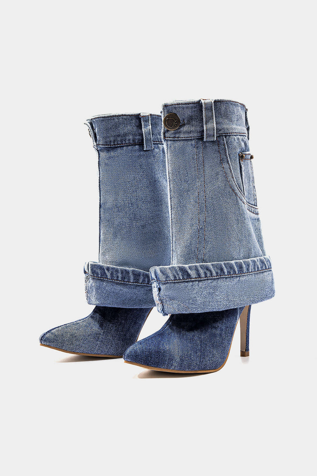 Bong Bag Light Wash Blue Denim Mid-Calf Boots