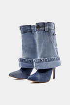 Bong Bag Light Wash Blue Denim Mid-Calf Boots